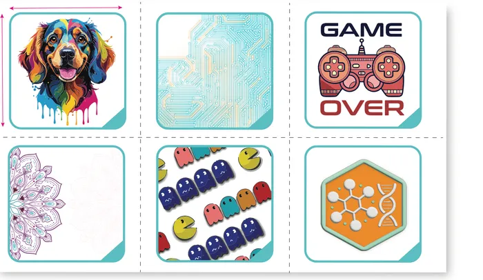Six custom patch artwork examples with colourful illustration, patterns and different shapes