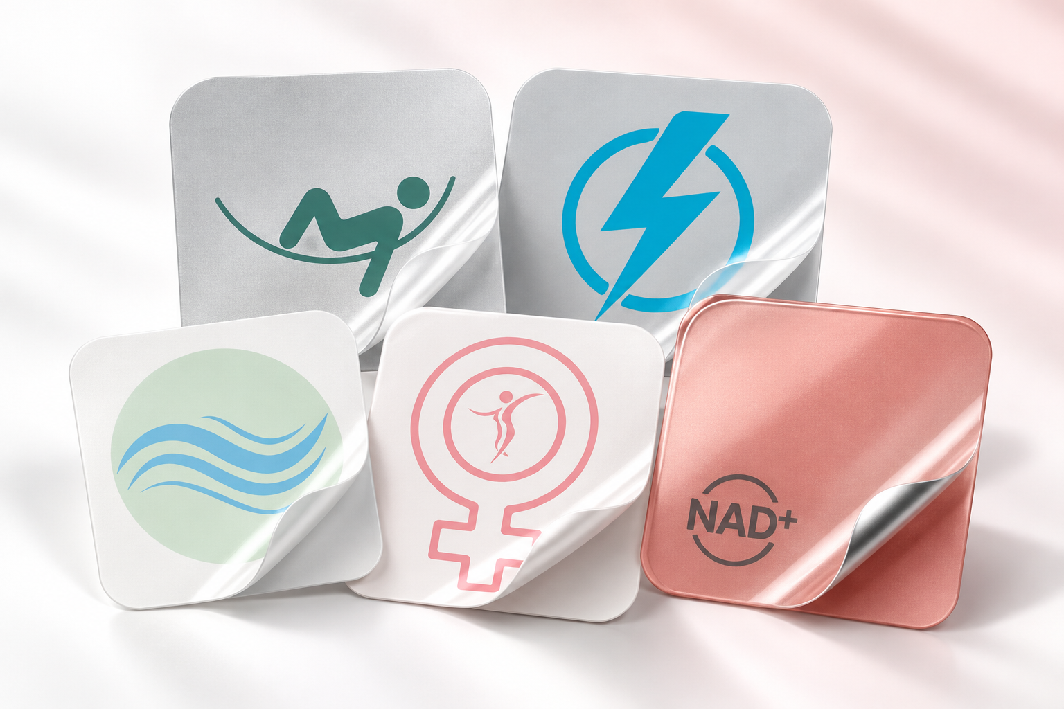 Illustrative arrangement of Sleep, Energy, Immunity, Menopause and NAD+ stock patches